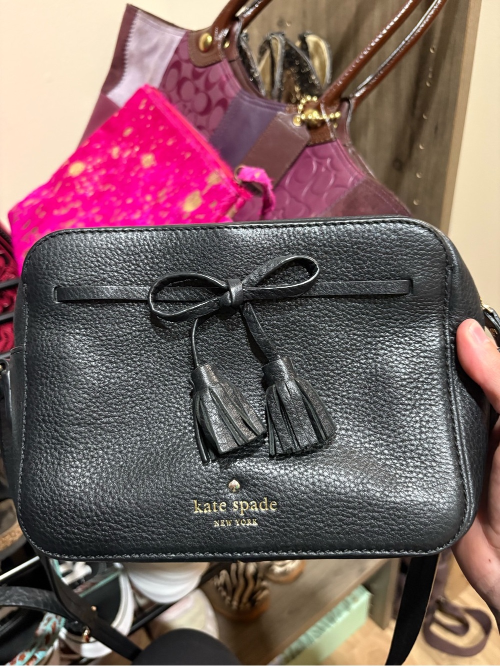 kate spade Black Pebbled Leather Crossbody with Tassel Bow